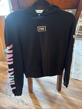 PINK Victoria's Secret Black Hoodie with Multicolor Marble Logo Sleeve